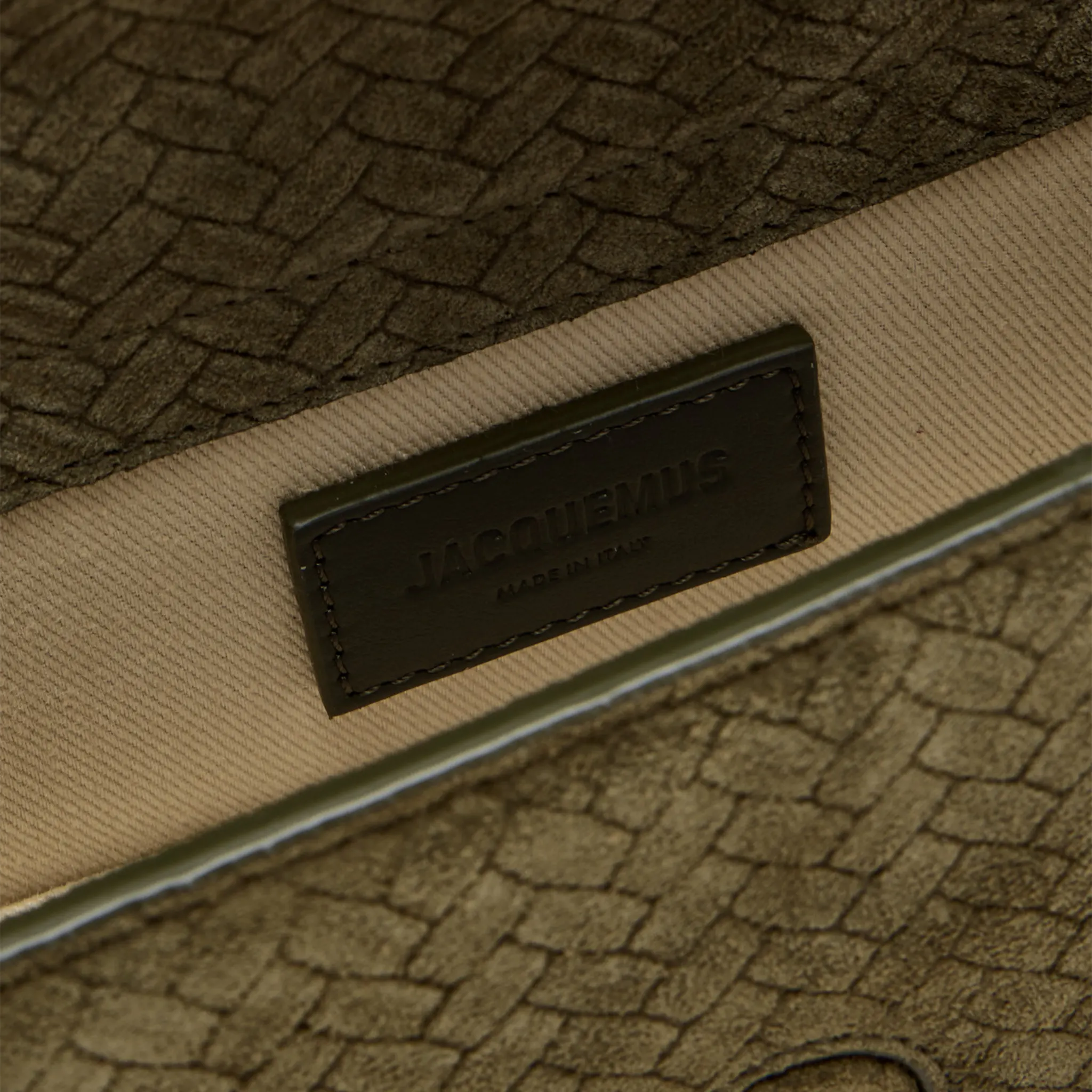 Detailed Inside View of Jacquemus Le Bambino Khaki Suede Top Handle Bag BAW00006 AC39A02-560